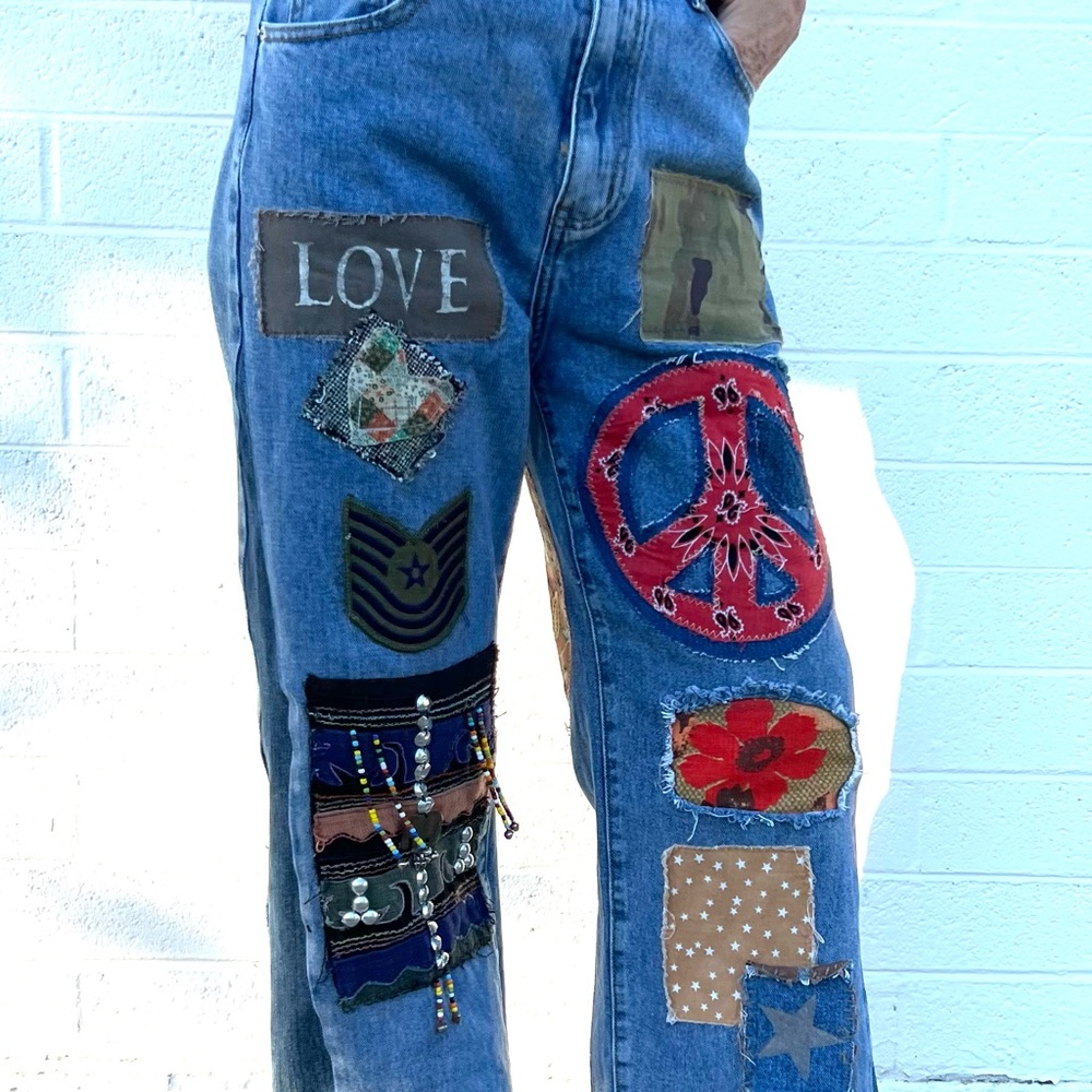Upcycled Embellished Bohemian Patchwork Flare Jeans - Picture 7 of 10